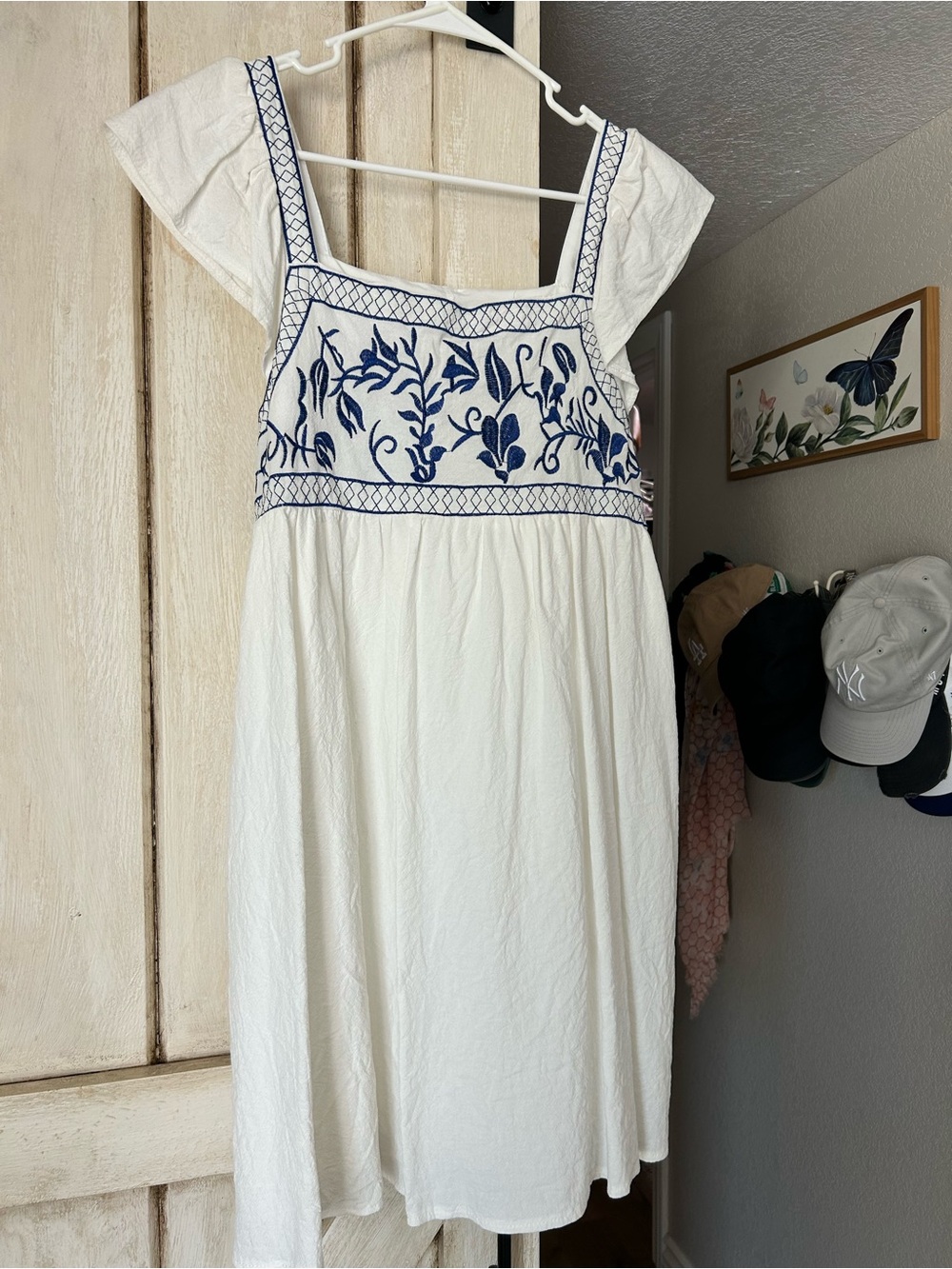 SHEIN White Midi Sundress with Navy Blue Embroidery